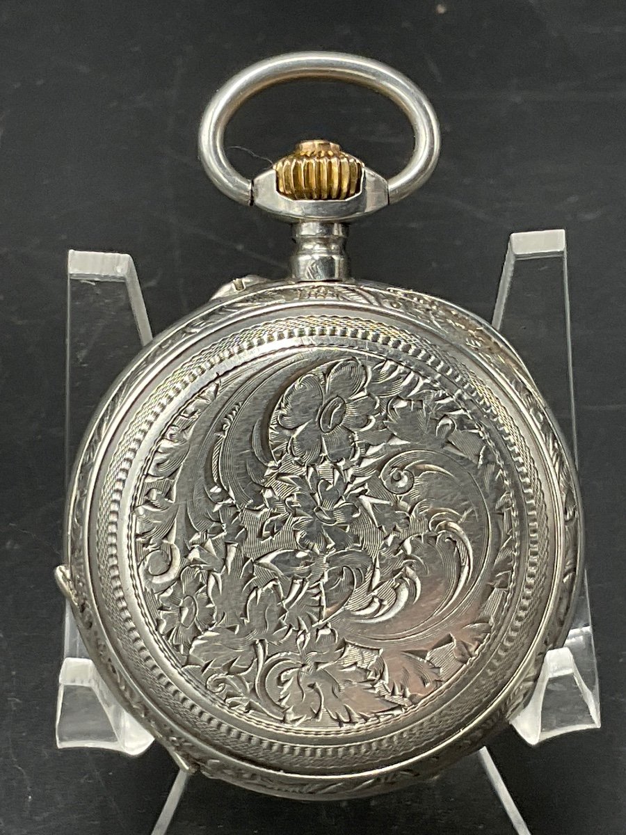 Montre à Gousset Ou De Poche Savonnette En Argent à Décor De Feuillage,fleurs Et D’arabesque.-photo-2