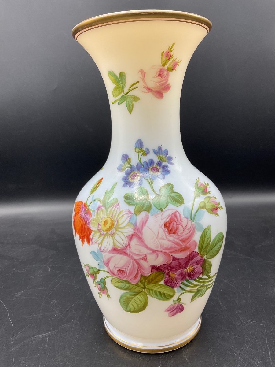 Baccarat Polychrome Opaline Vase Decorated With A Bouquet Of Flowers, Flowers On A White Background.-photo-2