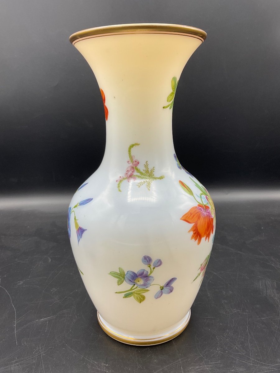 Baccarat Polychrome Opaline Vase Decorated With A Bouquet Of Flowers, Flowers On A White Background.-photo-4