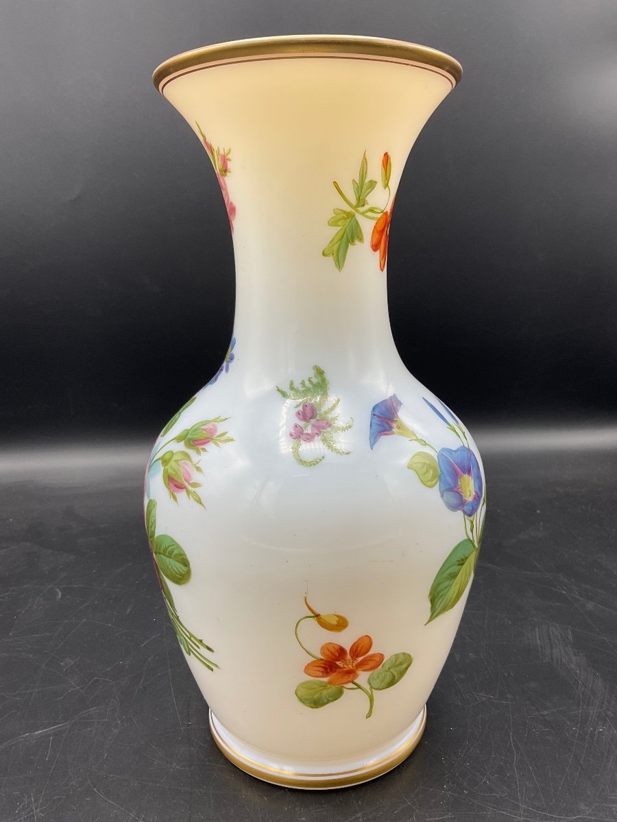 Baccarat Polychrome Opaline Vase Decorated With A Bouquet Of Flowers, Flowers On A White Background.-photo-1