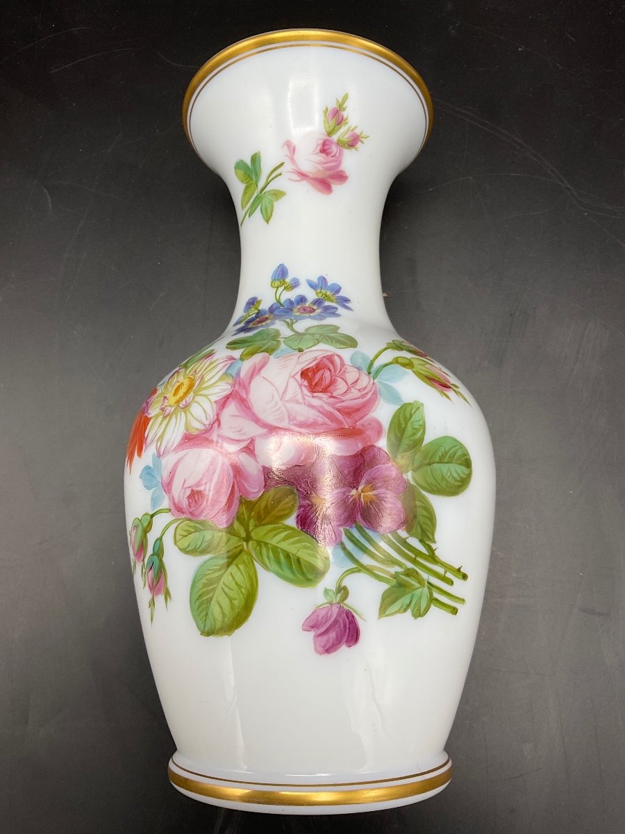 Baccarat Polychrome Opaline Vase Decorated With A Bouquet Of Flowers, Flowers On A White Background.-photo-2