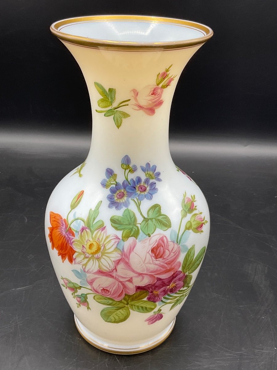 Baccarat Polychrome Opaline Vase Decorated With A Bouquet Of Flowers, Flowers On A White Background.-photo-6