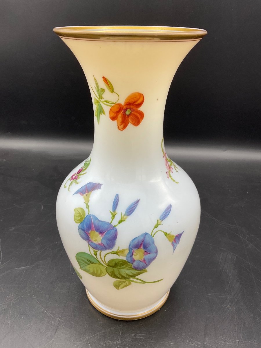 Baccarat Polychrome Opaline Vase Decorated With A Bouquet Of Flowers, Flowers On A White Background.-photo-8