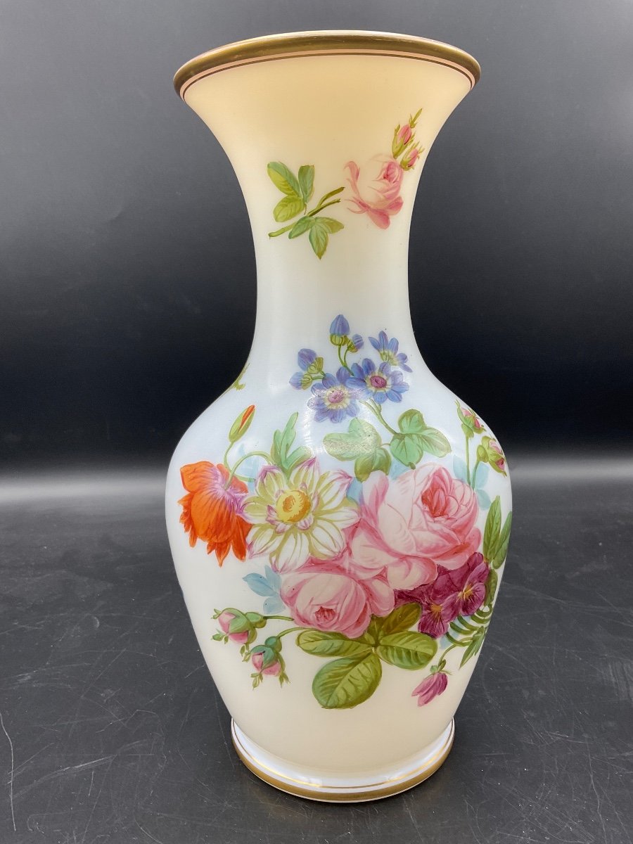 Baccarat Polychrome Opaline Vase Decorated With A Bouquet Of Flowers, Flowers On A White Background.