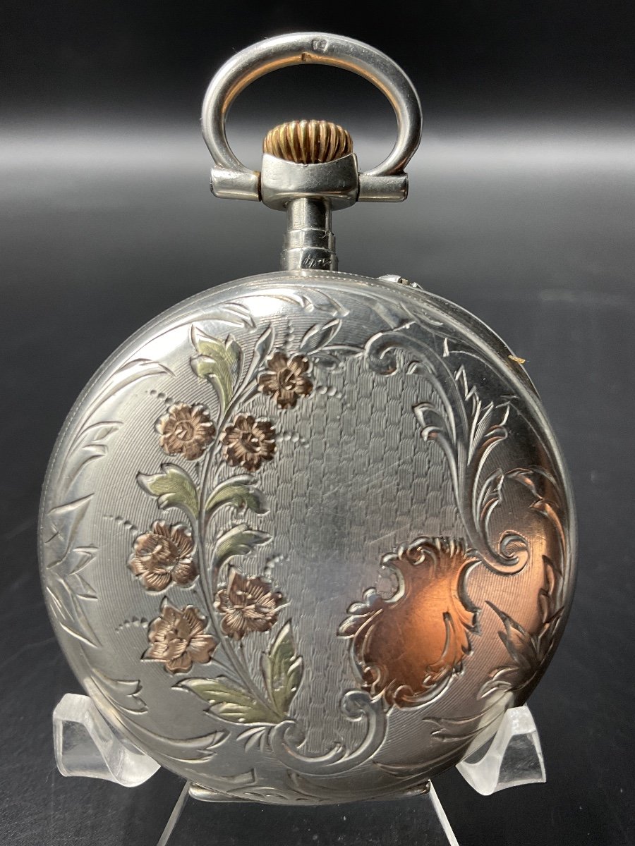 Solid Silver Guilloche Pocket Watch With Foliage And Flower Decor.-photo-3