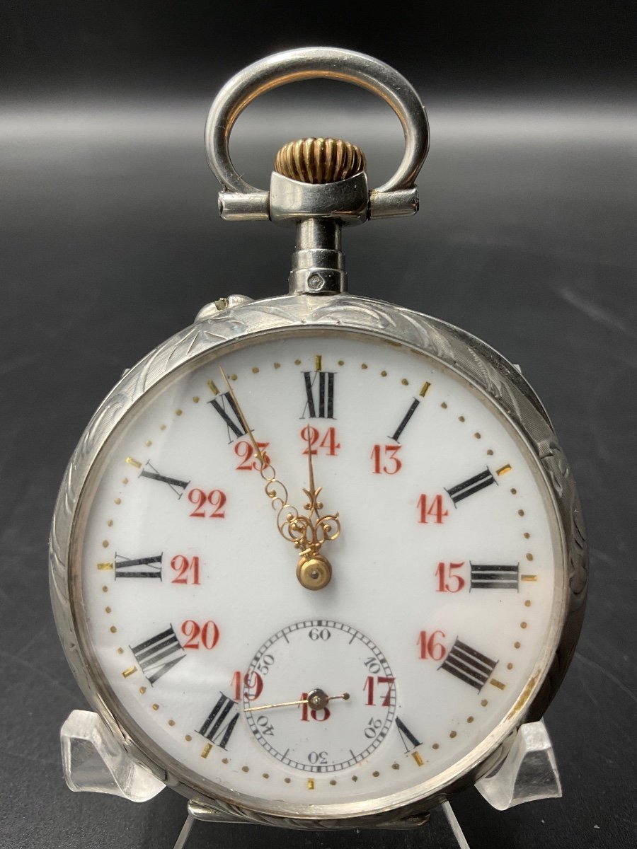 Solid Silver Guilloche Pocket Watch With Foliage And Flower Decor.