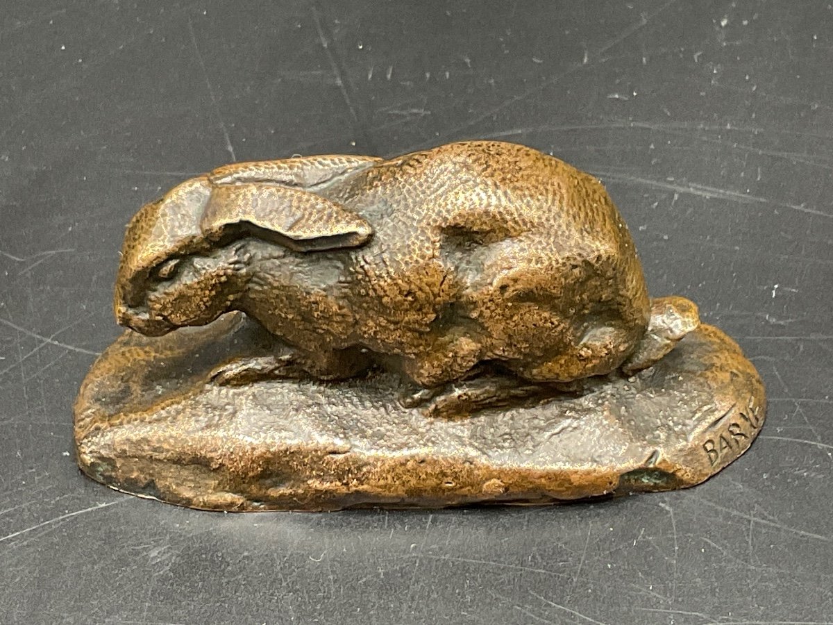 Small Bronze Representing A Rabbit With Lowered Ears With Medal Patina Signed Barye.-photo-2