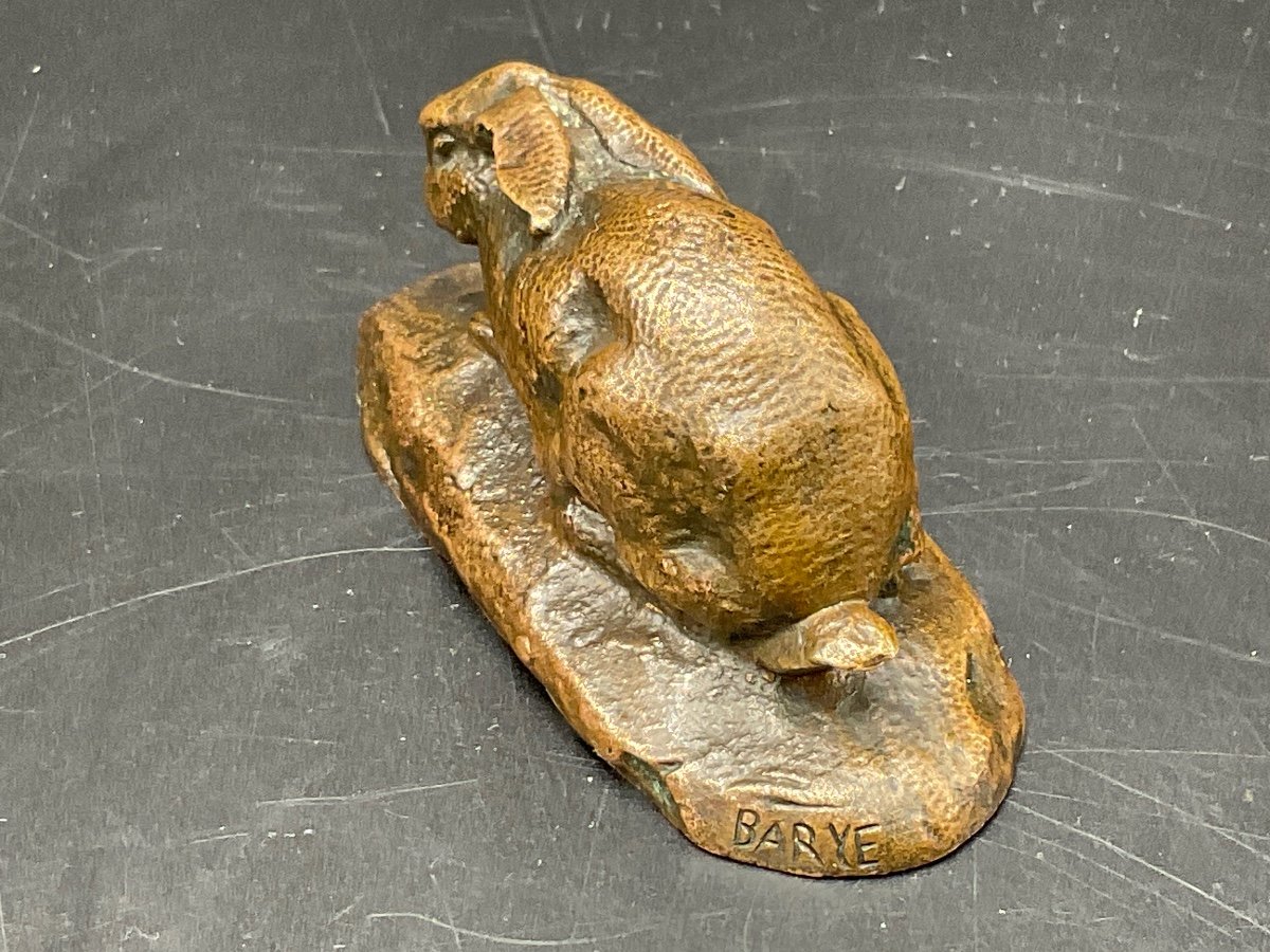 Small Bronze Representing A Rabbit With Lowered Ears With Medal Patina Signed Barye.-photo-4