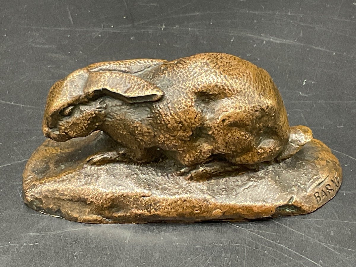 Small Bronze Representing A Rabbit With Lowered Ears With Medal Patina Signed Barye.-photo-1