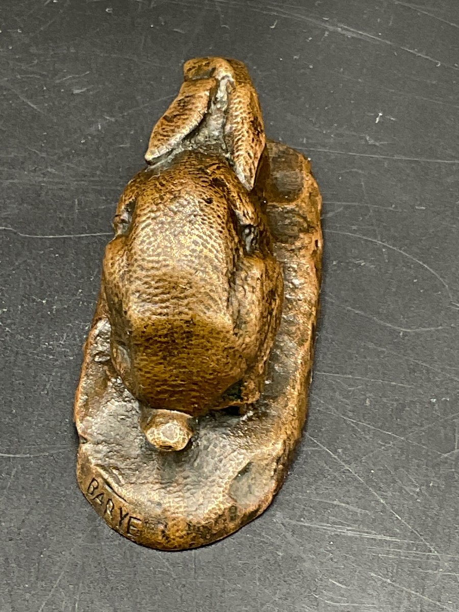 Small Bronze Representing A Rabbit With Lowered Ears With Medal Patina Signed Barye.-photo-2