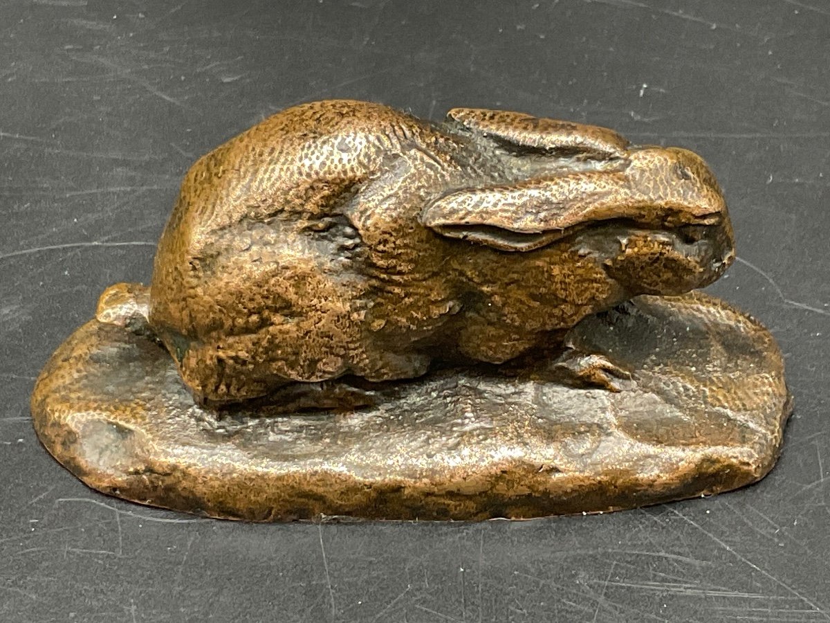 Small Bronze Representing A Rabbit With Lowered Ears With Medal Patina Signed Barye.-photo-3