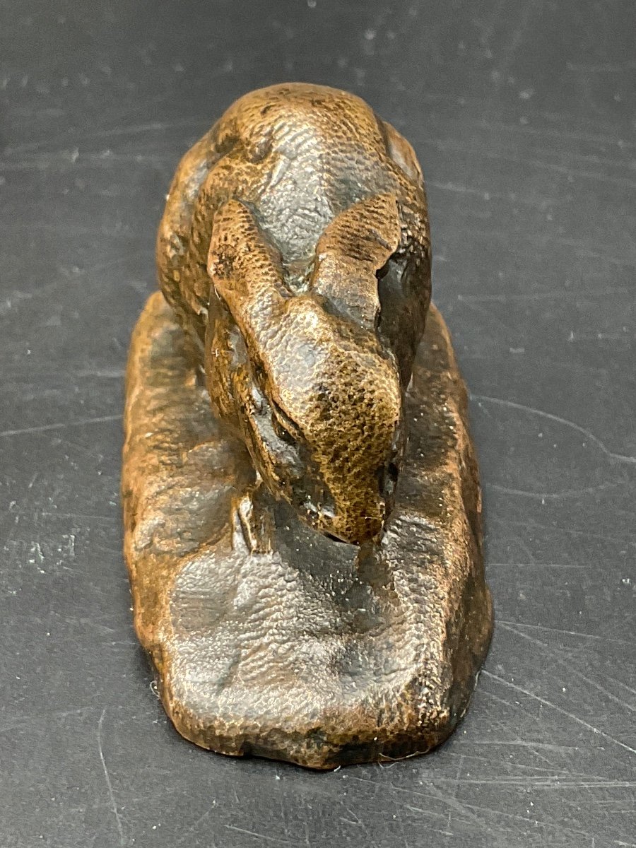 Small Bronze Representing A Rabbit With Lowered Ears With Medal Patina Signed Barye.-photo-4