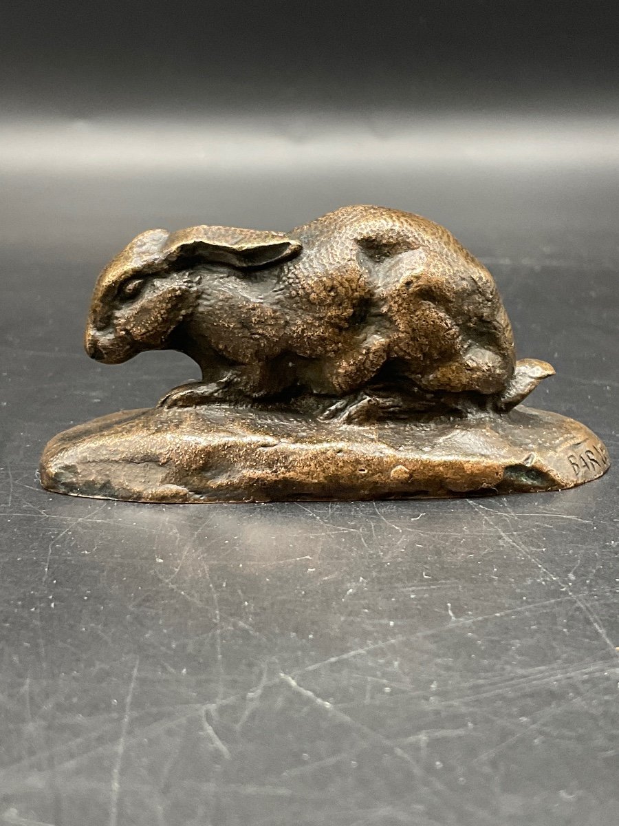 Small Bronze Representing A Rabbit With Lowered Ears With Medal Patina Signed Barye.-photo-7