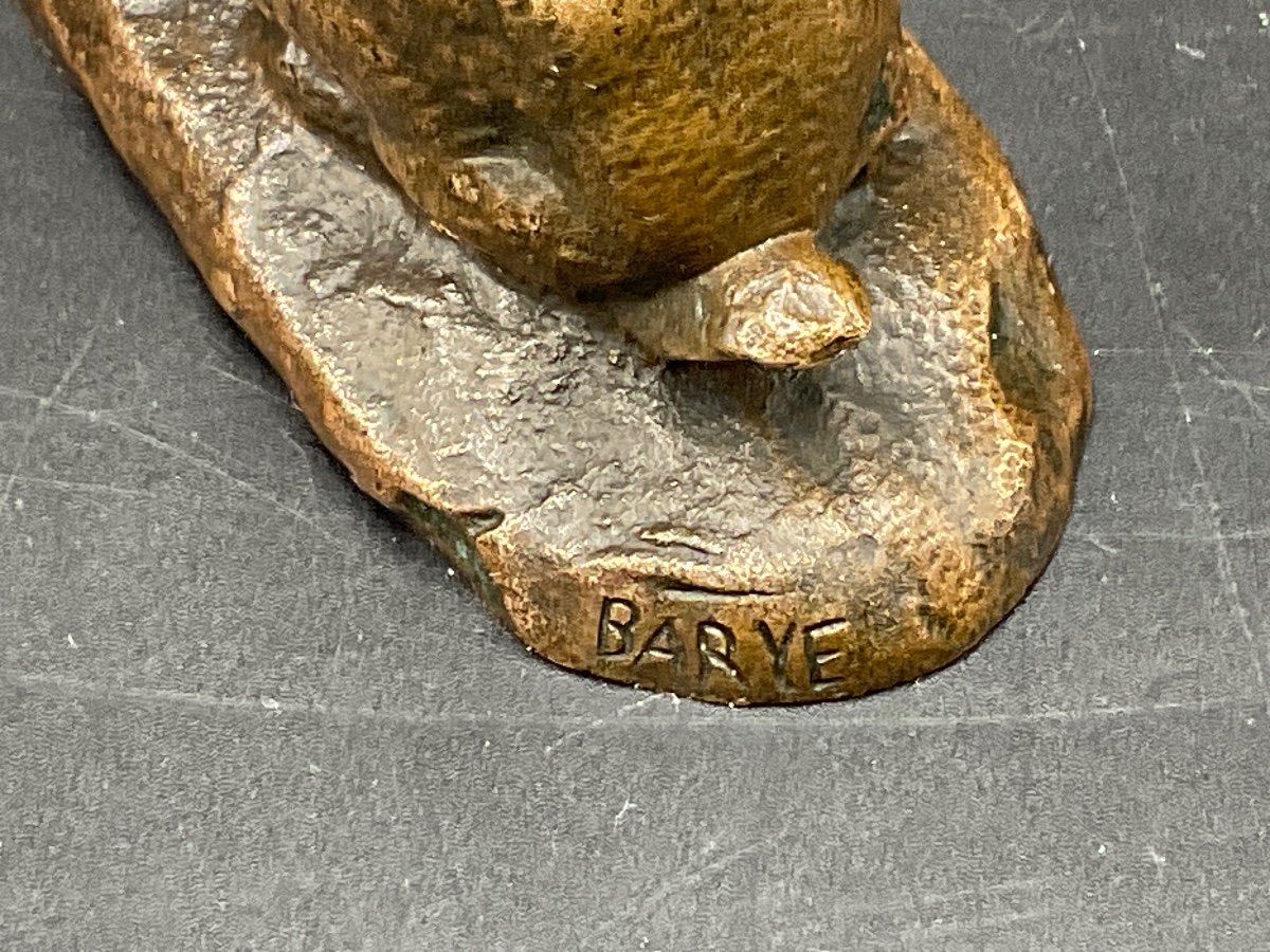 Small Bronze Representing A Rabbit With Lowered Ears With Medal Patina Signed Barye.-photo-8