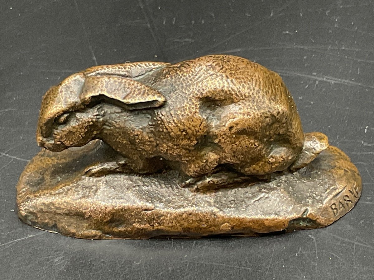 Small Bronze Representing A Rabbit With Lowered Ears With Medal Patina Signed Barye.