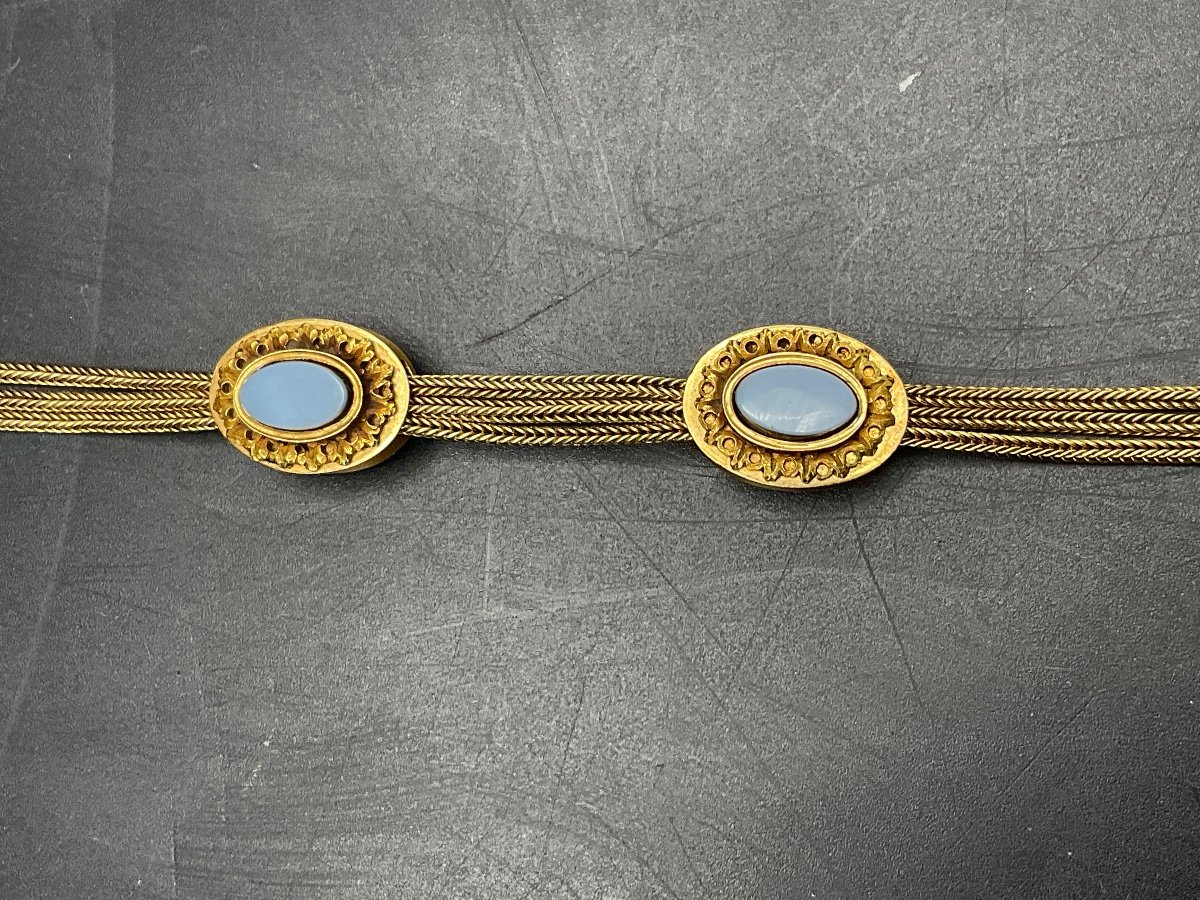 18k Gold Triple Braided Link Watch Chain With Two Guilloche Slides Set With Agate.-photo-3