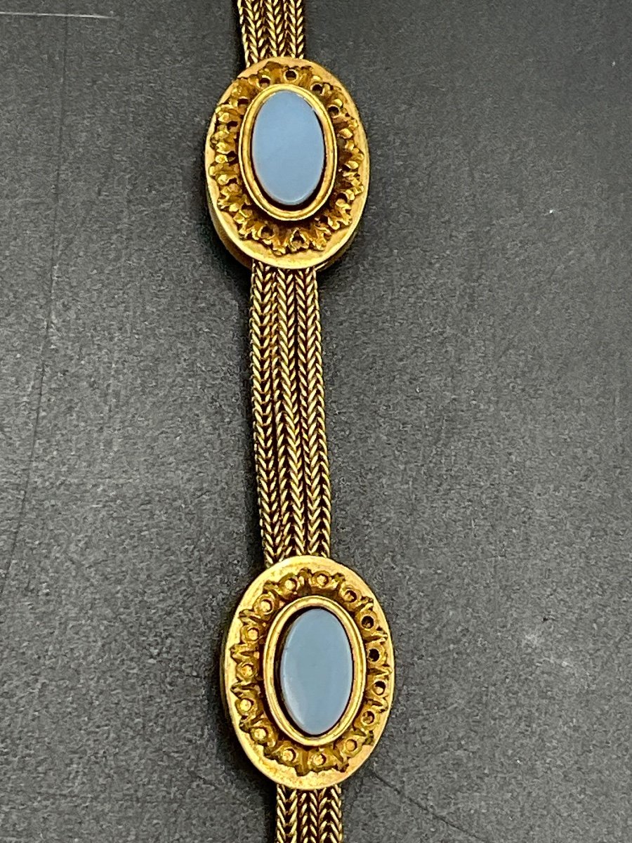 18k Gold Triple Braided Link Watch Chain With Two Guilloche Slides Set With Agate.-photo-4