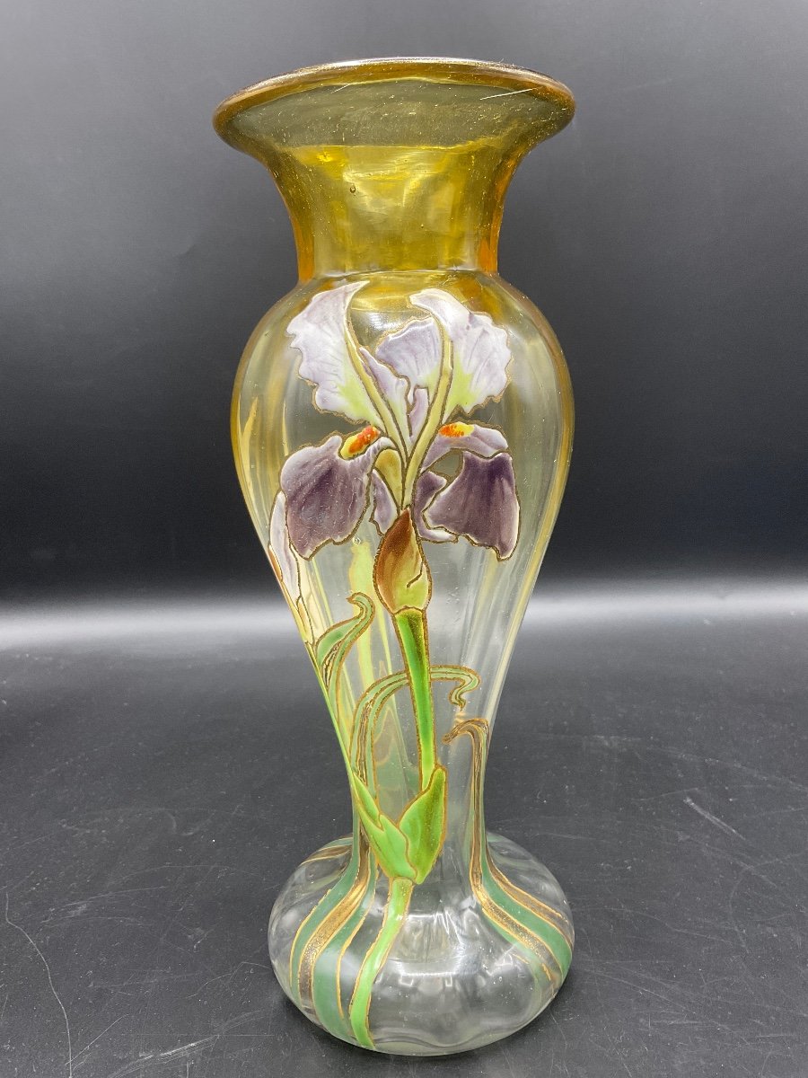 Legras Ribbed Baluster Vase With Flared Neck In Yellow Gradient Crystal With Iris Enamel Decor.-photo-2