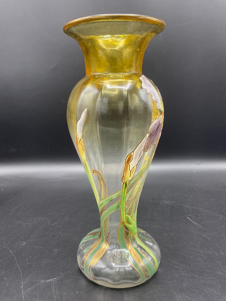 Legras Ribbed Baluster Vase With Flared Neck In Yellow Gradient Crystal With Iris Enamel Decor.-photo-3