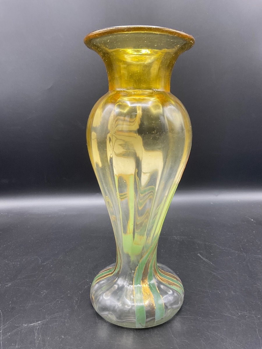 Legras Ribbed Baluster Vase With Flared Neck In Yellow Gradient Crystal With Iris Enamel Decor.-photo-4