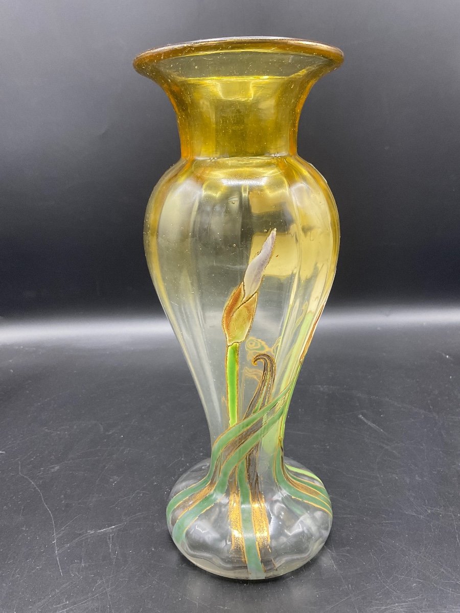 Legras Ribbed Baluster Vase With Flared Neck In Yellow Gradient Crystal With Iris Enamel Decor.-photo-1