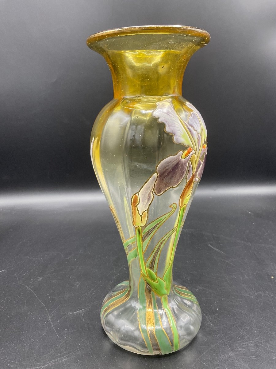 Legras Ribbed Baluster Vase With Flared Neck In Yellow Gradient Crystal With Iris Enamel Decor.-photo-2