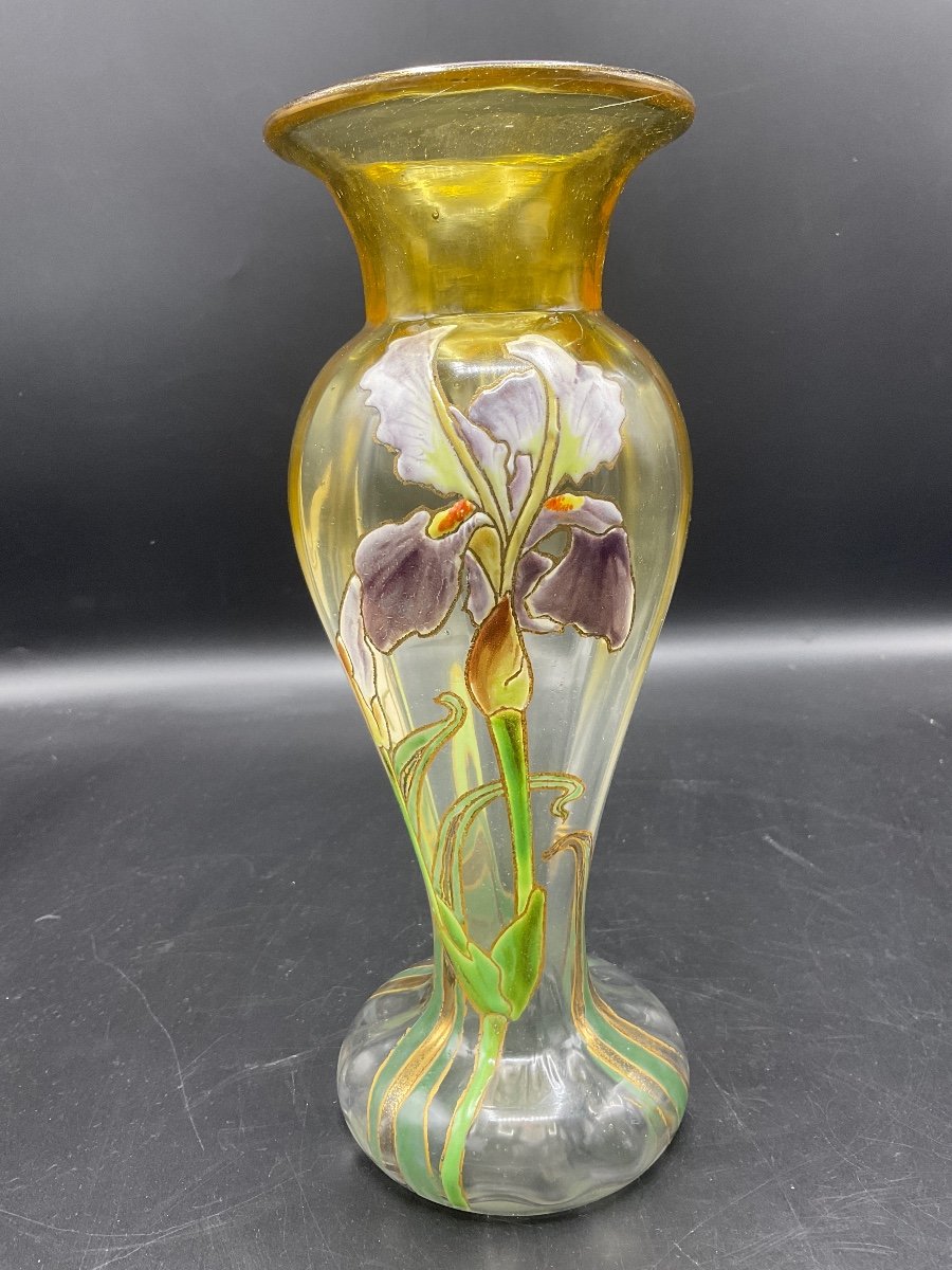 Legras Ribbed Baluster Vase With Flared Neck In Yellow Gradient Crystal With Iris Enamel Decor.-photo-3