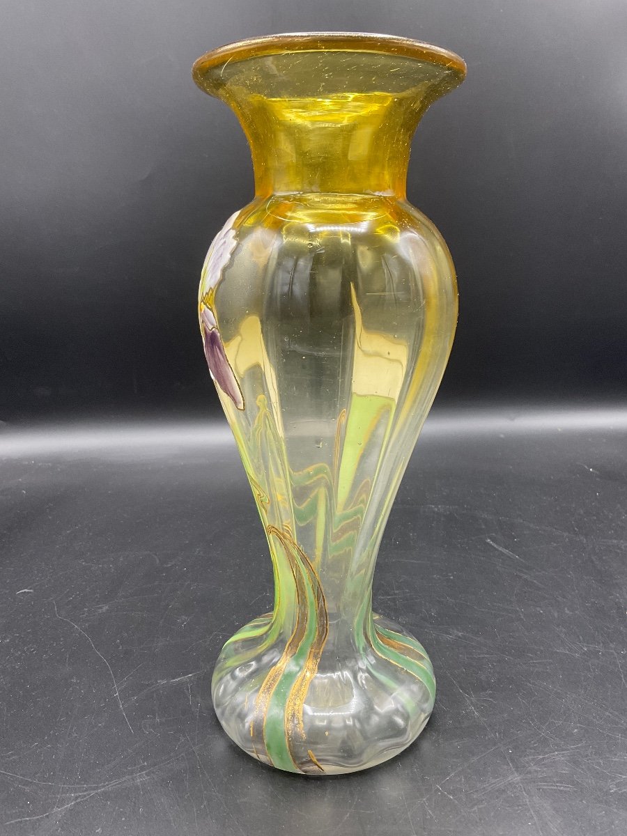 Legras Ribbed Baluster Vase With Flared Neck In Yellow Gradient Crystal With Iris Enamel Decor.-photo-4