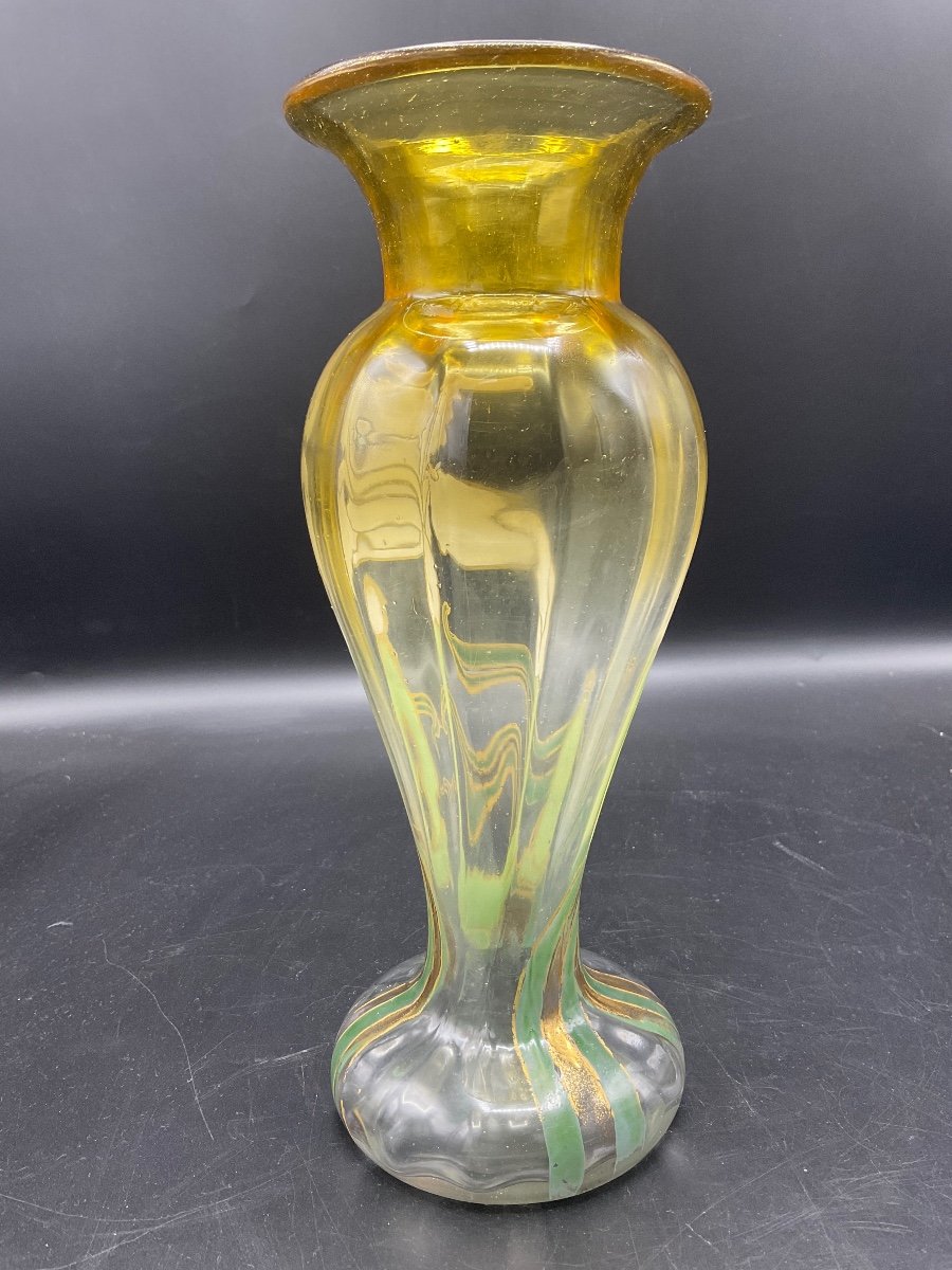 Legras Ribbed Baluster Vase With Flared Neck In Yellow Gradient Crystal With Iris Enamel Decor.-photo-5