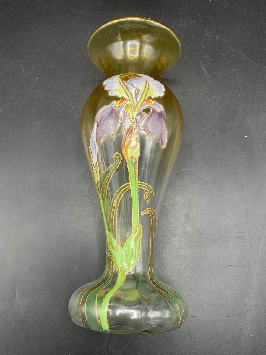 Legras Ribbed Baluster Vase With Flared Neck In Yellow Gradient Crystal With Iris Enamel Decor.-photo-8