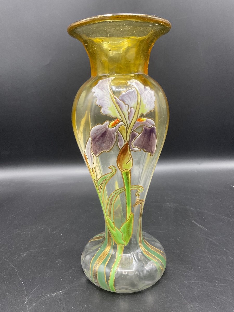 Legras Ribbed Baluster Vase With Flared Neck In Yellow Gradient Crystal With Iris Enamel Decor.