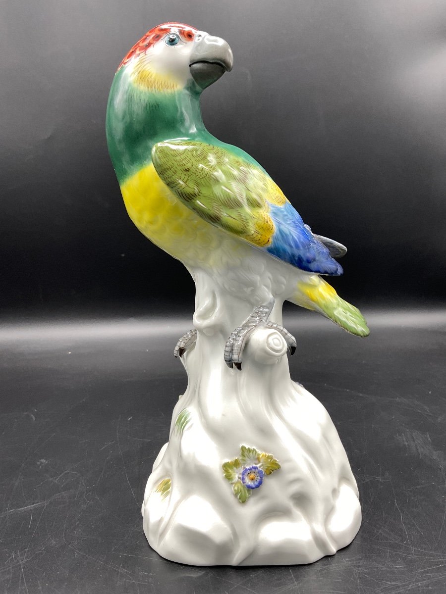 Porcelaine Polychrome De Meissen Représentant Un Perroquet Posé Sur Une Souche De Tronc D’arbre-photo-8