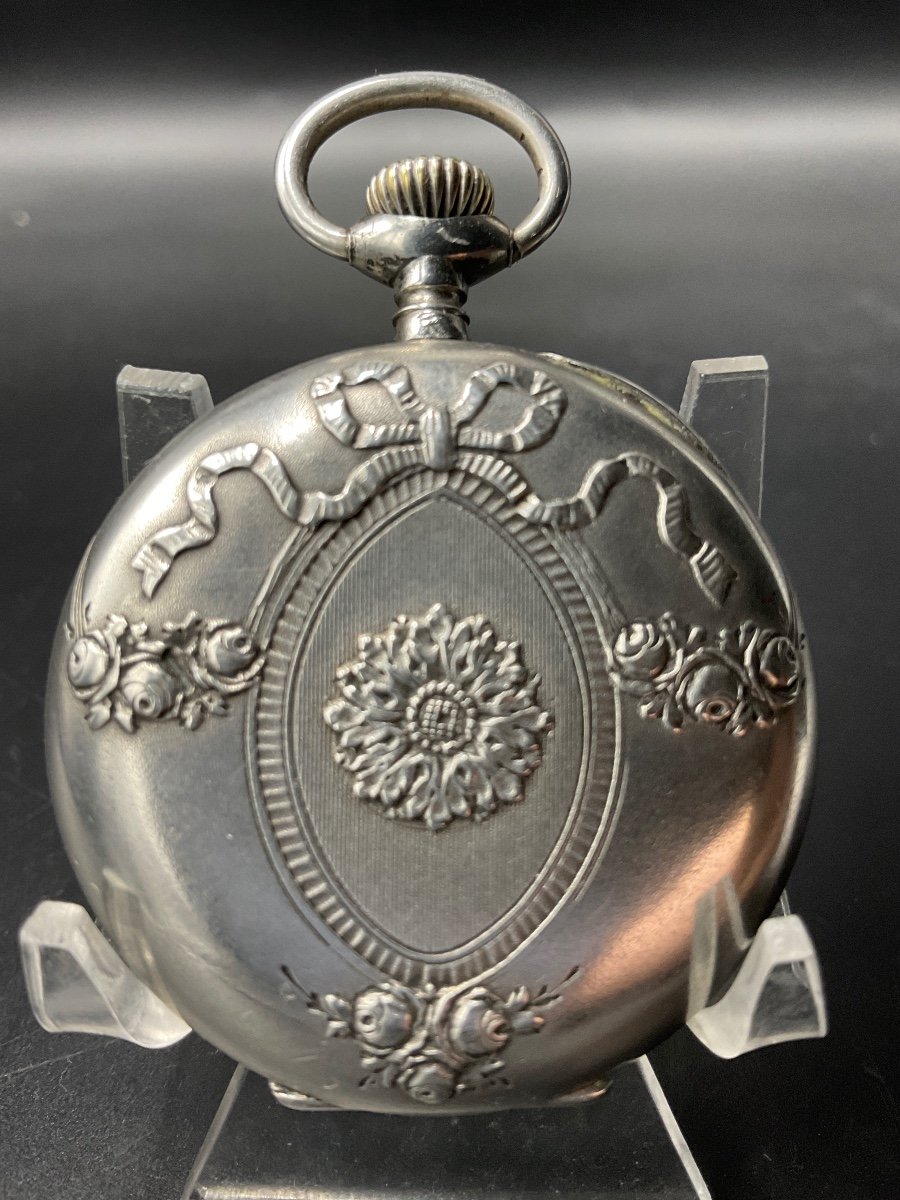 Louis XVI Style Tribaudeau Brand Solid Silver Guilloche Pocket Or Pocket Watch-photo-3