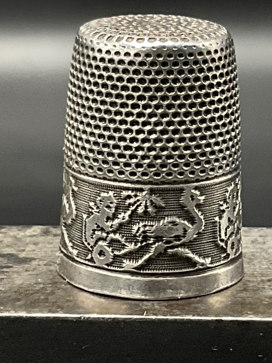 Sterling Silver Thimble Decorated With An Ostrich Pulling A Chariot With A Figure.-photo-6