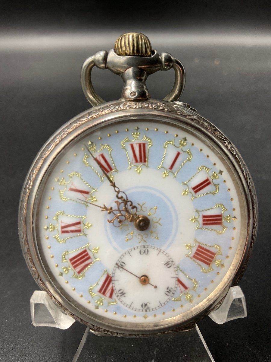 Solid Silver Guilloche Pocket Watch With Stems, Leaves And Flowers Decor.-photo-2