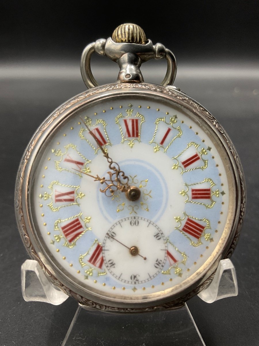 Solid Silver Guilloche Pocket Watch With Stems, Leaves And Flowers Decor.-photo-1