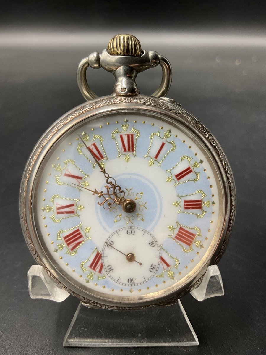 Solid Silver Guilloche Pocket Watch With Stems, Leaves And Flowers Decor.