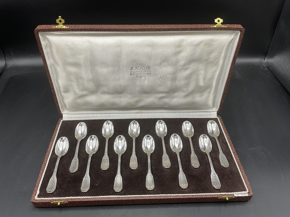 Twelve Sterling Silver Mocha Spoons, Minerva Hallmark, First Title, Goldsmith Hénin & Cie.-photo-2