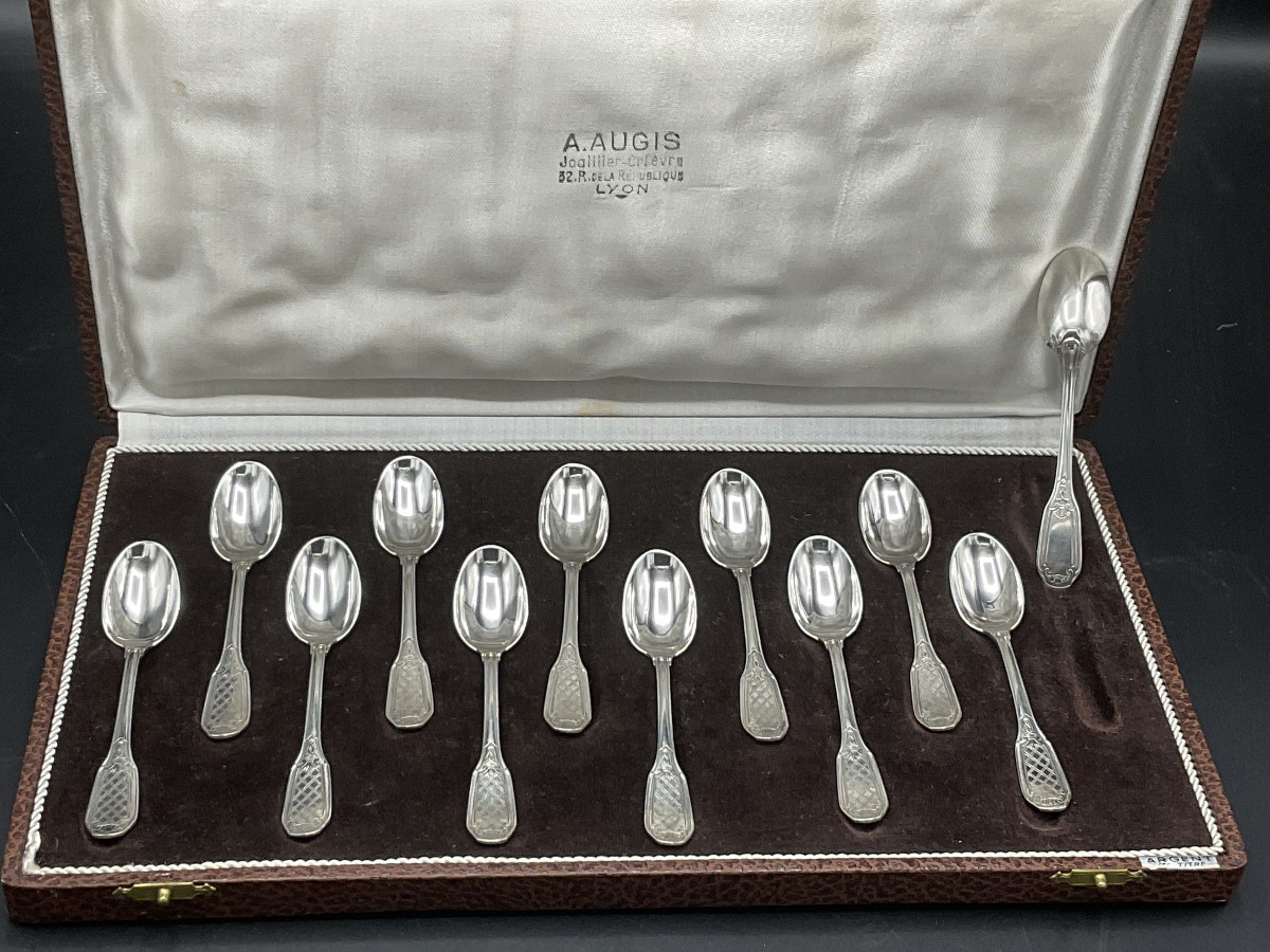 Twelve Sterling Silver Mocha Spoons, Minerva Hallmark, First Title, Goldsmith Hénin & Cie.-photo-7