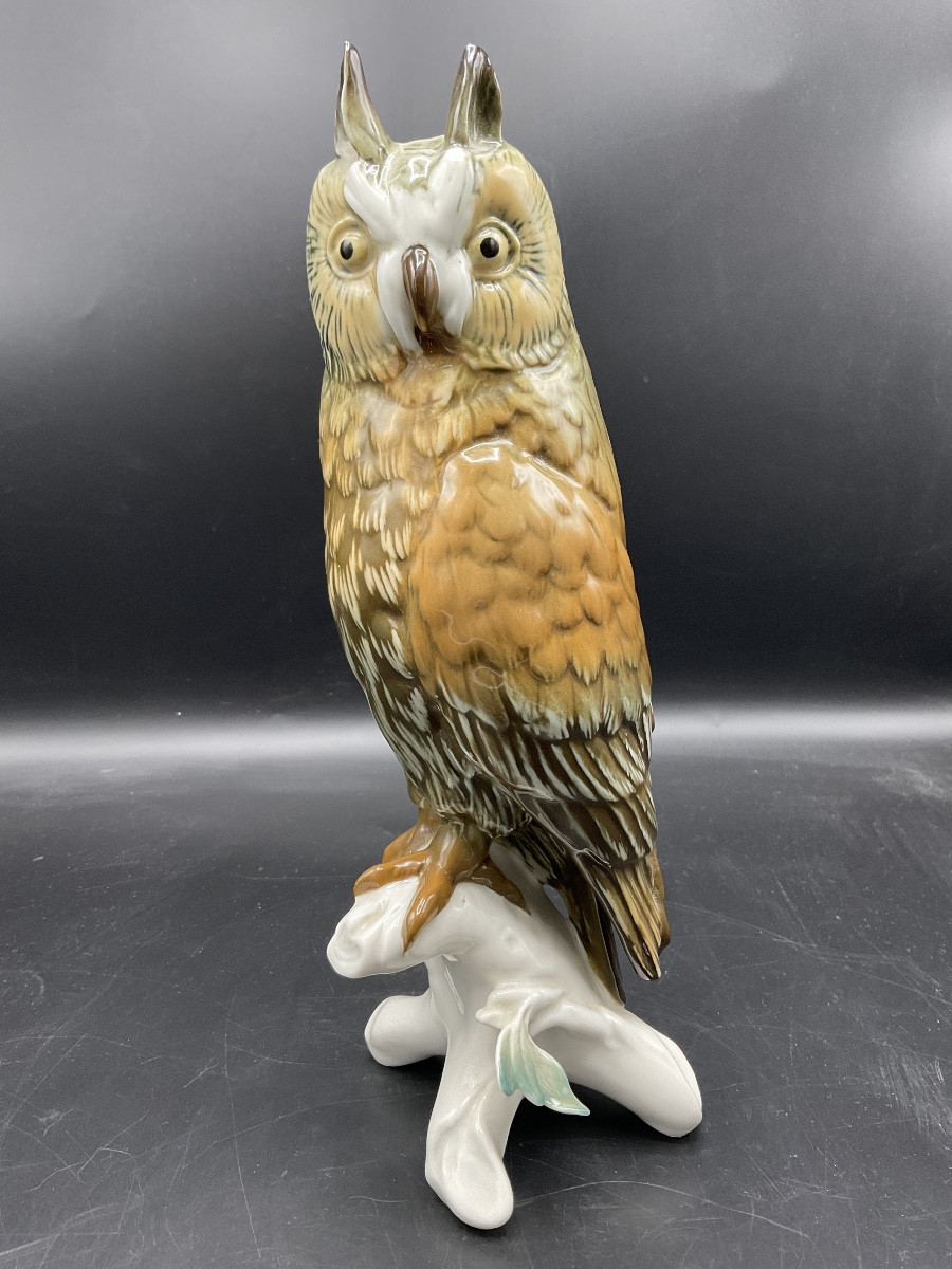 Grand Hibou Grand Duc En Porcelaine Polychrome De La Manufacture De Karl Ens.-photo-2