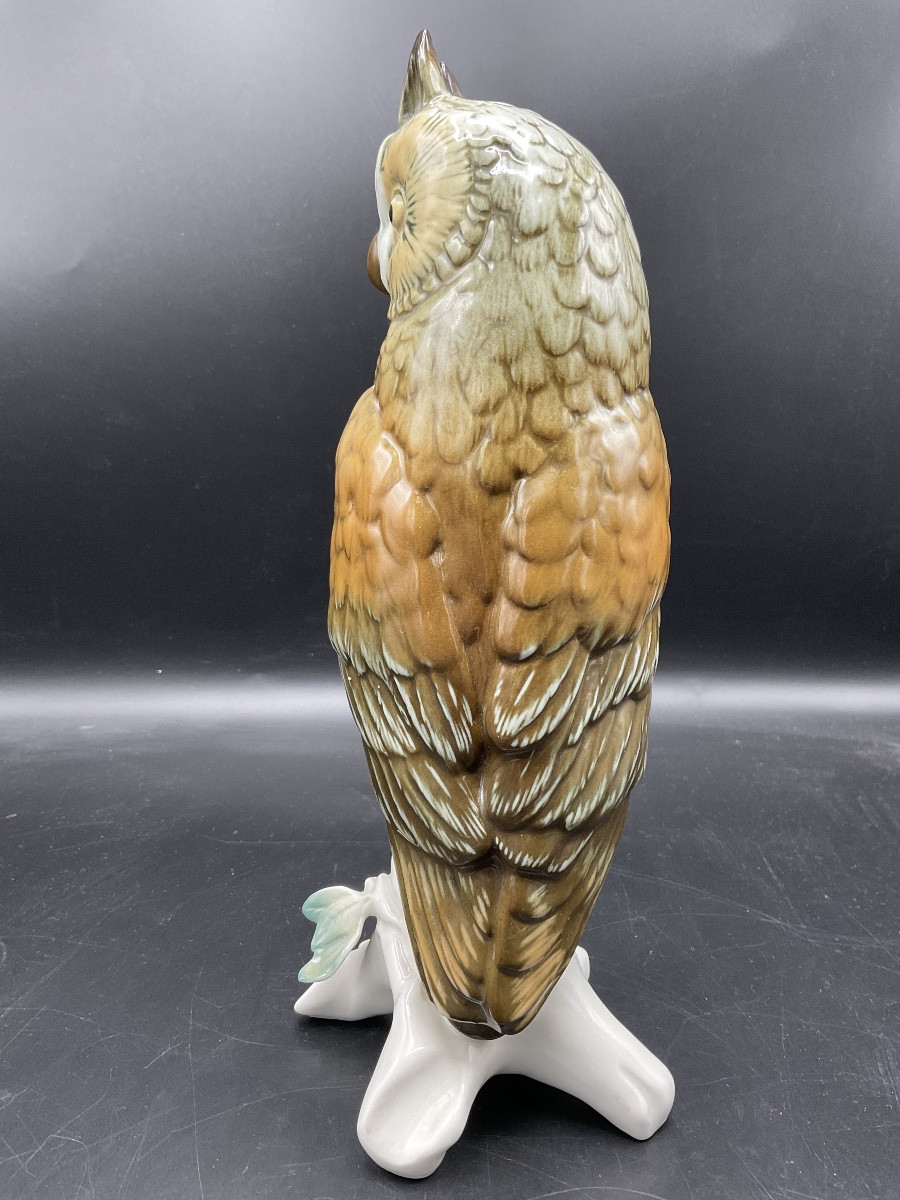 Grand Hibou Grand Duc En Porcelaine Polychrome De La Manufacture De Karl Ens.-photo-3