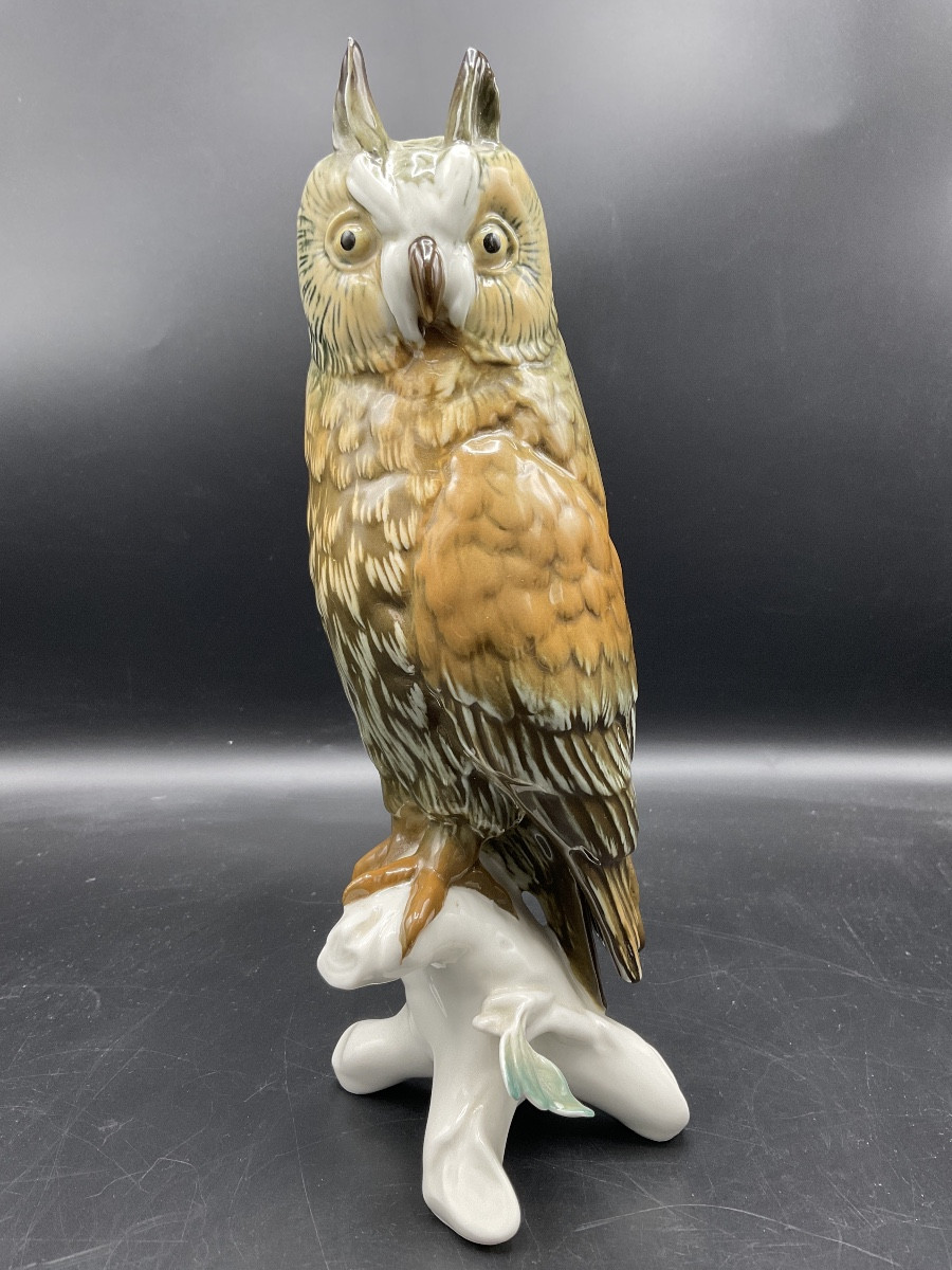 Grand Hibou Grand Duc En Porcelaine Polychrome De La Manufacture De Karl Ens.-photo-1