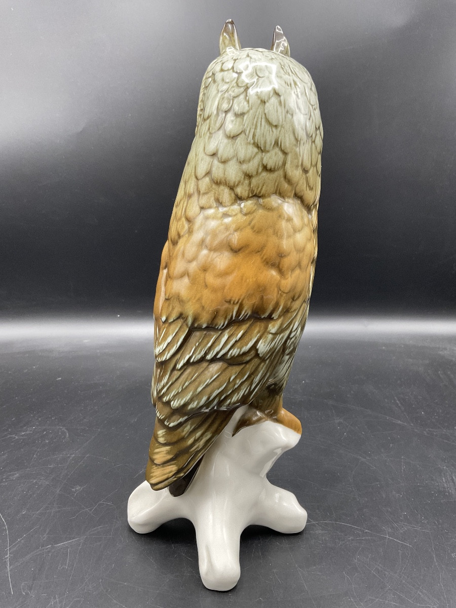 Grand Hibou Grand Duc En Porcelaine Polychrome De La Manufacture De Karl Ens.-photo-3