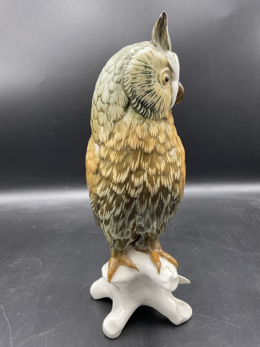 Grand Hibou Grand Duc En Porcelaine Polychrome De La Manufacture De Karl Ens.-photo-4