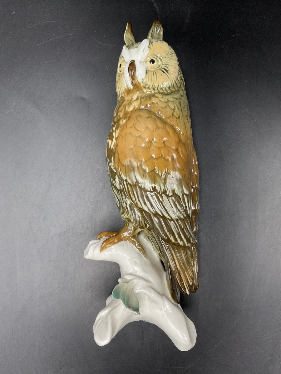 Grand Hibou Grand Duc En Porcelaine Polychrome De La Manufacture De Karl Ens.-photo-5