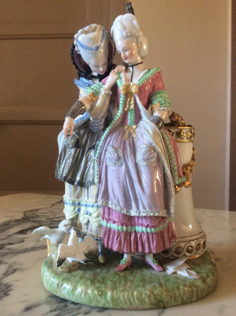 Allegorical Polychrome Group In Meissen Porcelain Representing Two Young Women.-photo-2