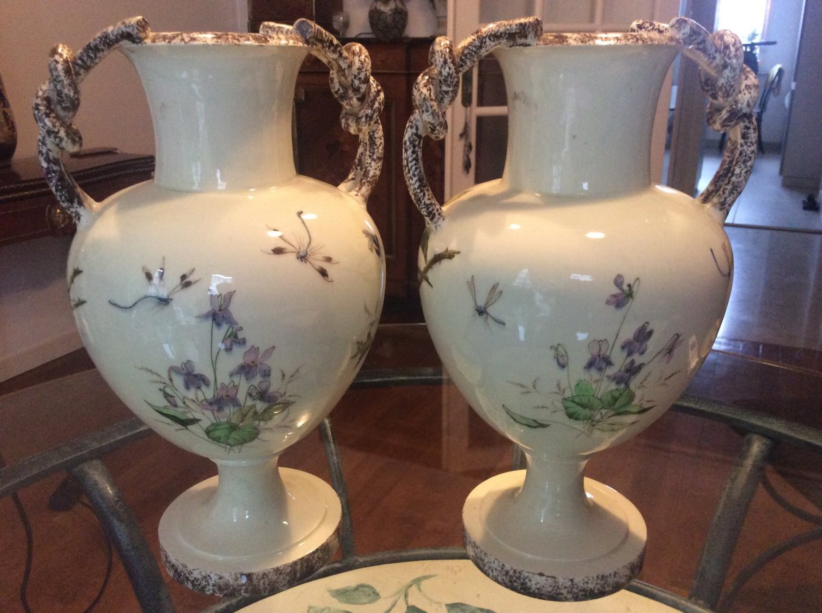 Pair Of Polychrome Earthenware Vases With Flower Decor Signed Mont-chevalier L.castel In Cannes.-photo-2