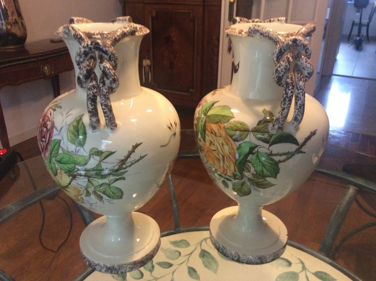 Pair Of Polychrome Earthenware Vases With Flower Decor Signed Mont-chevalier L.castel In Cannes.-photo-3