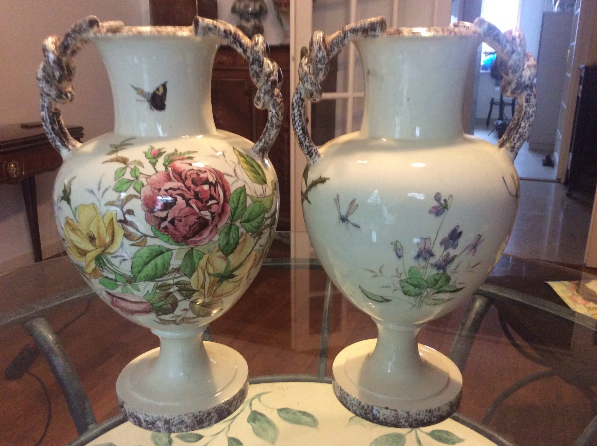 Pair Of Polychrome Earthenware Vases With Flower Decor Signed Mont-chevalier L.castel In Cannes.-photo-1