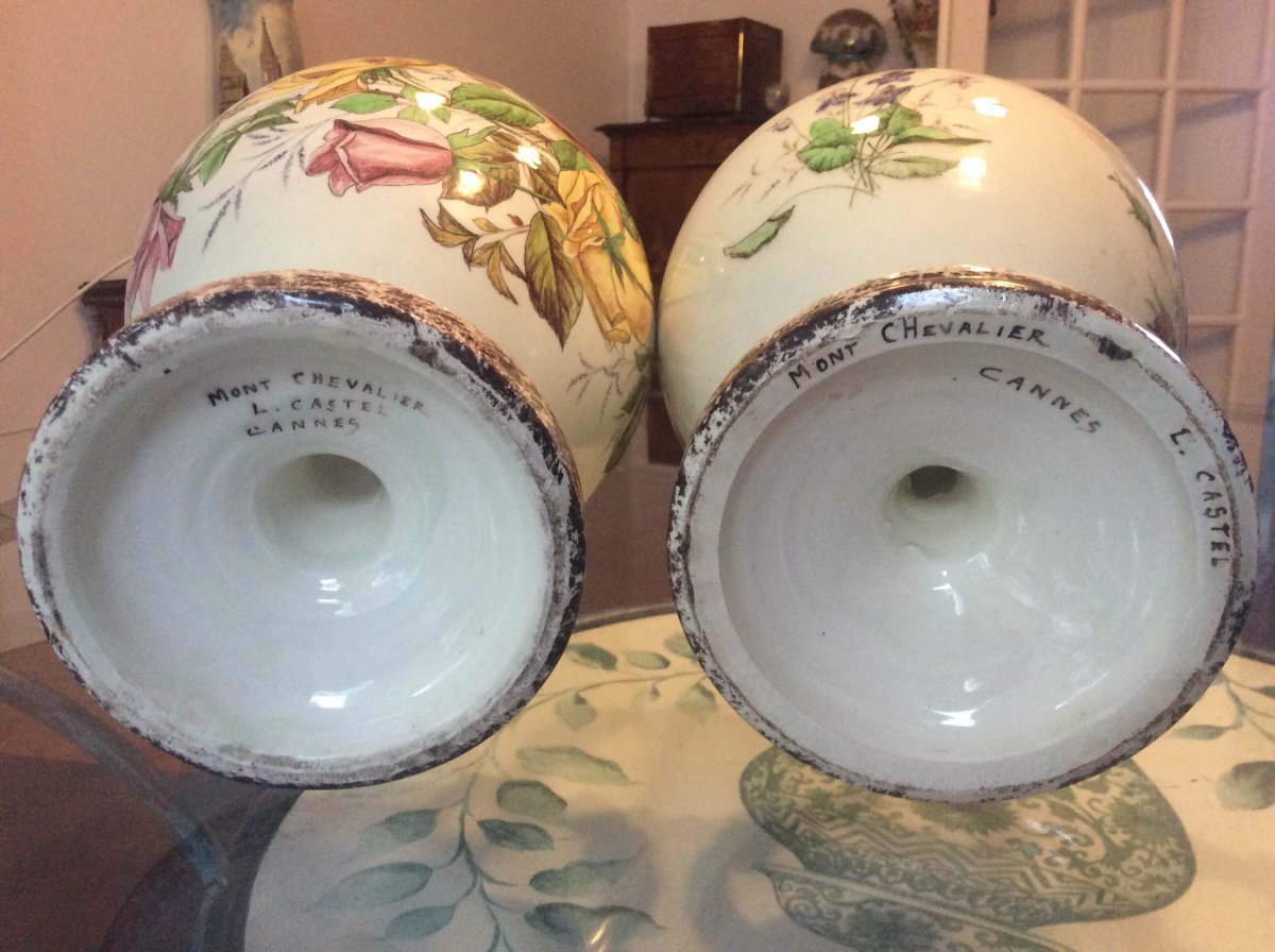 Pair Of Polychrome Earthenware Vases With Flower Decor Signed Mont-chevalier L.castel In Cannes.-photo-6